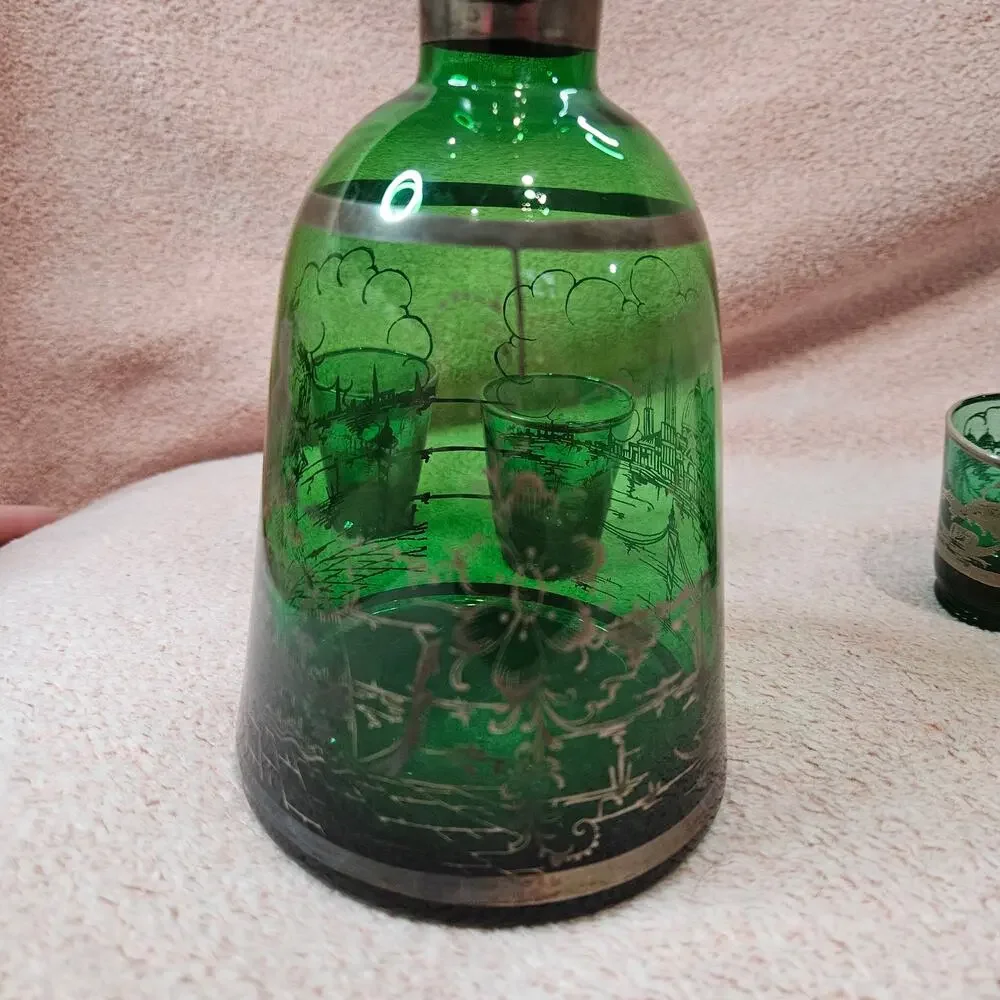Vintage Venetian Emerald Green Glass Decanter Set w/ Silver Overlay & 4 Glasses